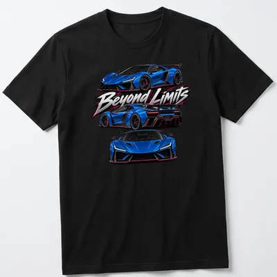 Electric blue supercar graphic with bold text 'Beyond Limits'