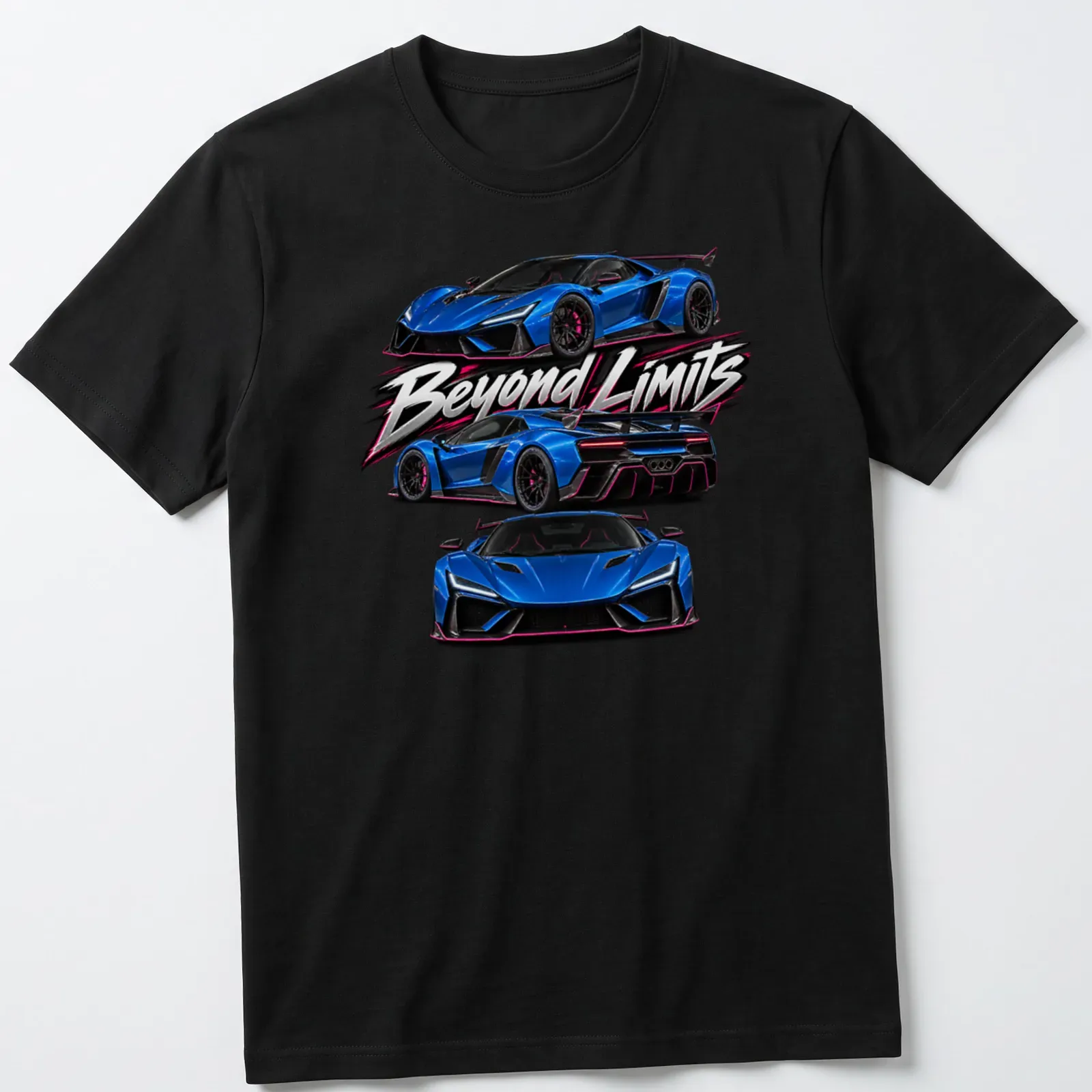 Electric blue supercar graphic with bold text 'Beyond Limits' — printed on a unisex t-shirt