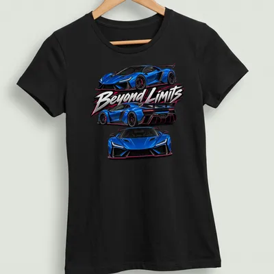 Electric blue supercar graphic with bold text 'Beyond Limits' — printed on a women's shirt