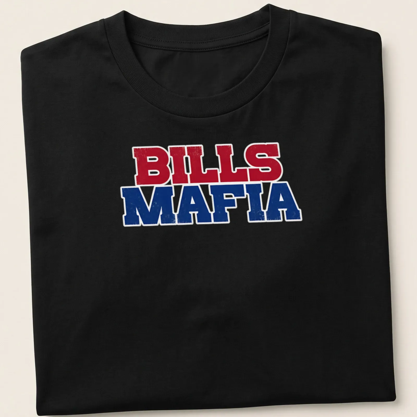 Vintage distressed Buffalo Bills T-shirt with bold lettering — printed on a unisex t-shirt