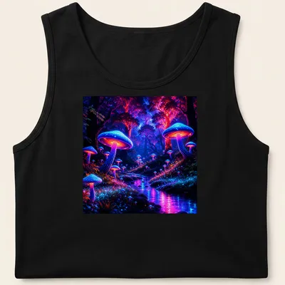 Vibrant T-shirt featuring bioluminescent mushrooms in blue, purple, pink, and green. — printed on a tank top