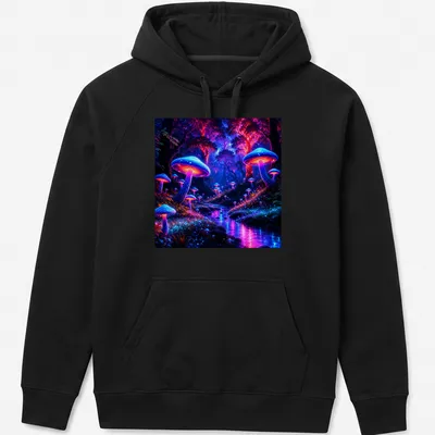 Vibrant T-shirt featuring bioluminescent mushrooms in blue, purple, pink, and green. — printed on a unisex hoodie