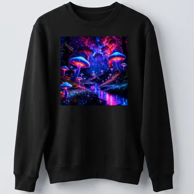Vibrant T-shirt featuring bioluminescent mushrooms in blue, purple, pink, and green. — printed on a unisex sweatshirt