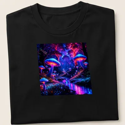 Vibrant T-shirt featuring bioluminescent mushrooms in blue, purple, pink, and green.