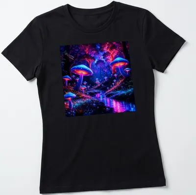 Vibrant T-shirt featuring bioluminescent mushrooms in blue, purple, pink, and green. — printed on a women's shirt
