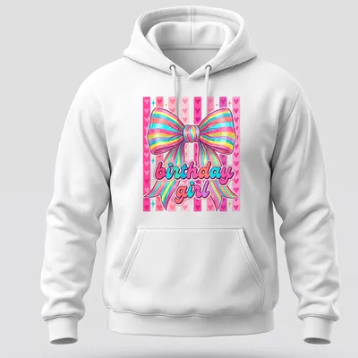 Cute coquette t-shirt with colorful rainbow bow and birthday girl text — printed on a unisex hoodie