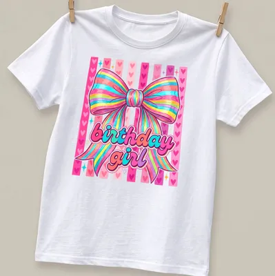 Cute coquette t-shirt with colorful rainbow bow and birthday girl text