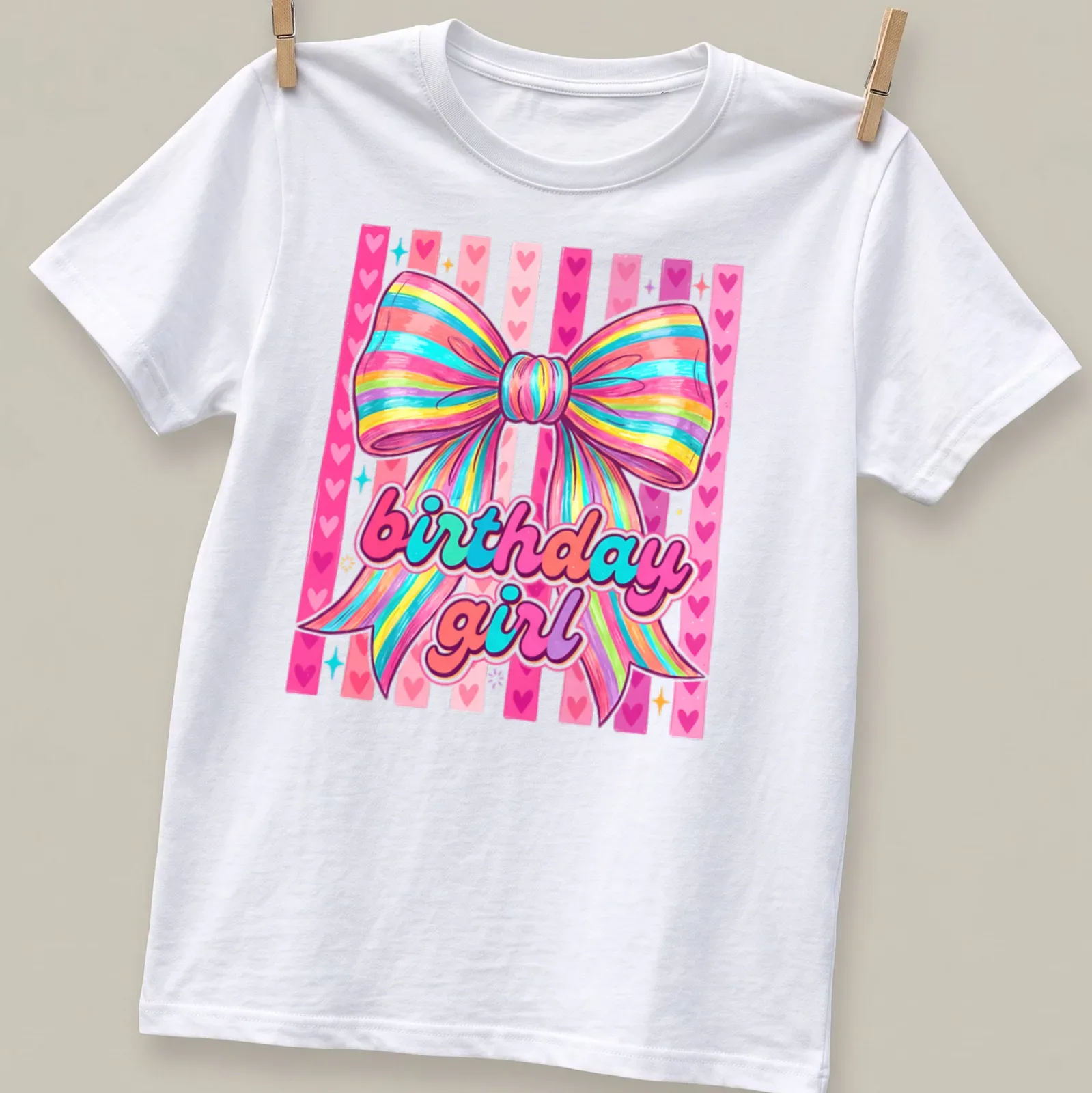 Cute coquette t-shirt with colorful rainbow bow and birthday girl text — printed on a unisex t-shirt