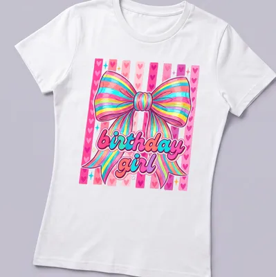 Cute coquette t-shirt with colorful rainbow bow and birthday girl text — printed on a women's shirt