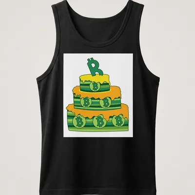 Cartoon birthday cake decorated with Bitcoin symbols in yellow, green, and orange — printed on a tank top