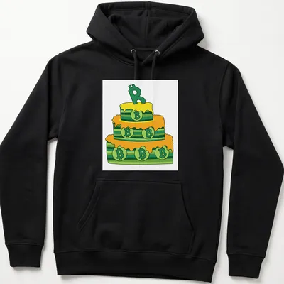Cartoon birthday cake decorated with Bitcoin symbols in yellow, green, and orange — printed on a unisex hoodie