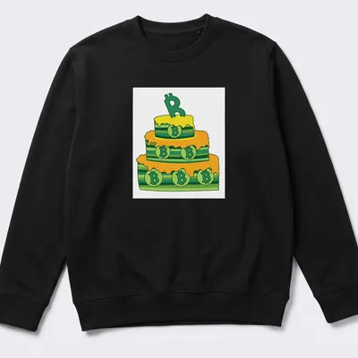 Cartoon birthday cake decorated with Bitcoin symbols in yellow, green, and orange — printed on a unisex sweatshirt