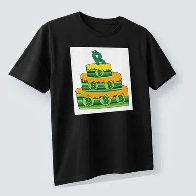 Cartoon birthday cake decorated with Bitcoin symbols in yellow, green, and orange — printed on a unisex t-shirt (angled view)