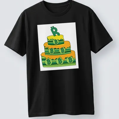 Cartoon birthday cake decorated with Bitcoin symbols in yellow, green, and orange