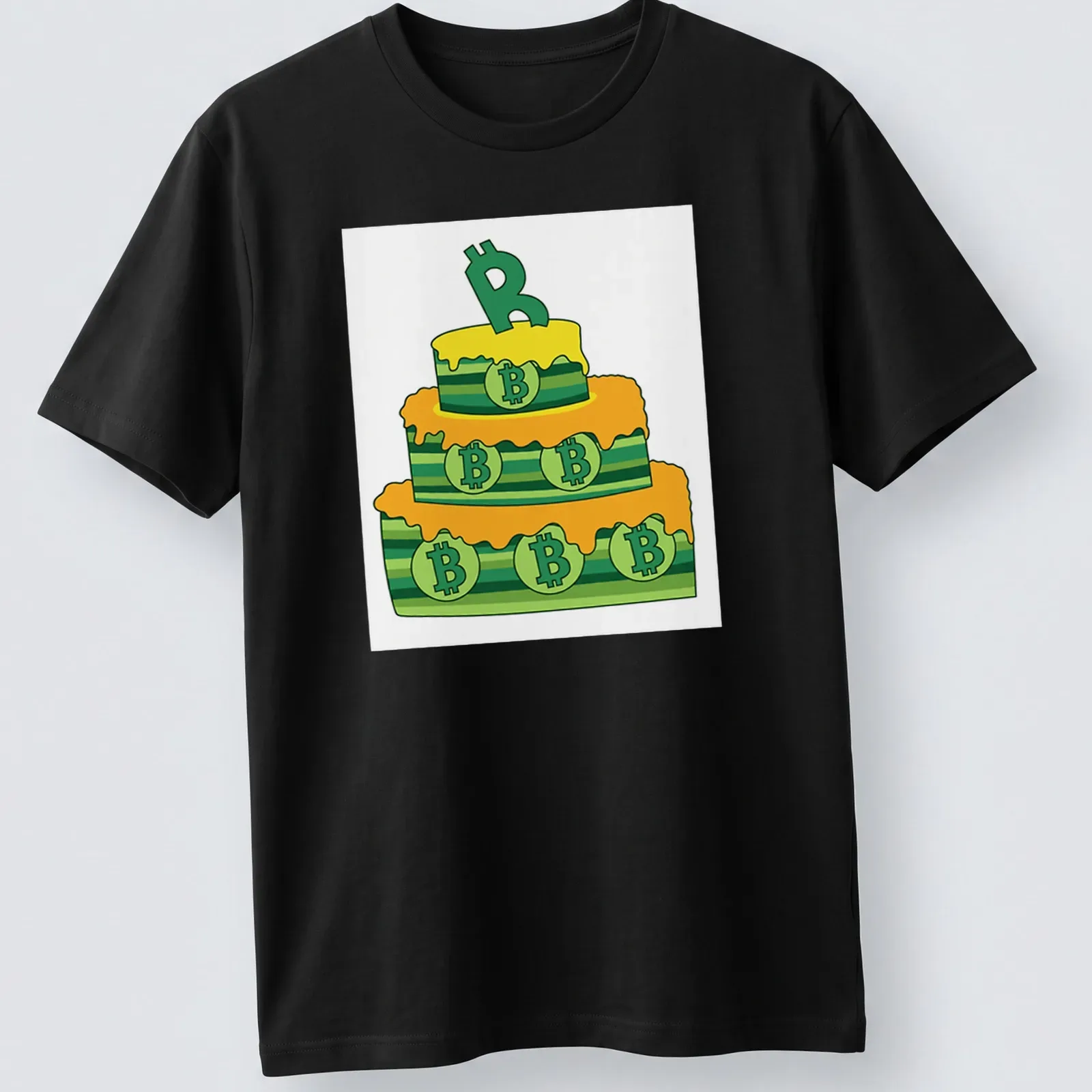 Cartoon birthday cake decorated with Bitcoin symbols in yellow, green, and orange — printed on a unisex t-shirt