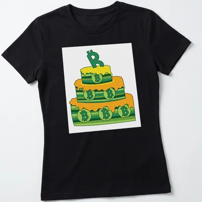 Cartoon birthday cake decorated with Bitcoin symbols in yellow, green, and orange — printed on a women's shirt