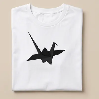 Minimalist black origami crane illustration on a T-shirt