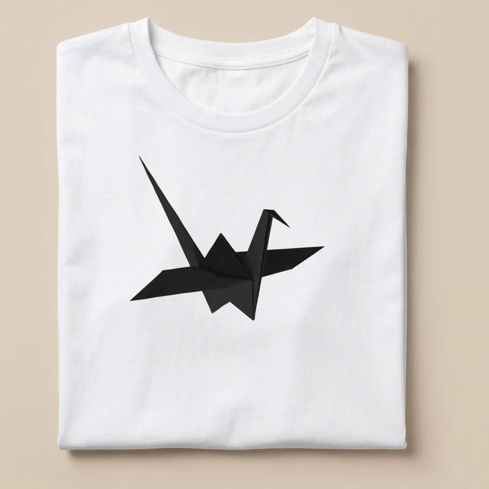 Minimalist black origami crane illustration on a — printed on a unisex t-shirt