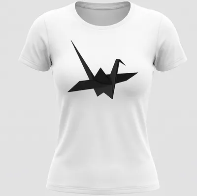 Minimalist black origami crane illustration on a — printed on a women's shirt