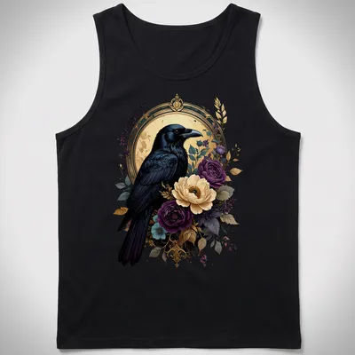 Gothic floral design featuring a black raven with colorful elements — printed on a tank top