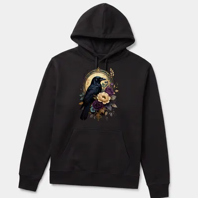 Gothic floral design featuring a black raven with colorful elements — printed on a unisex hoodie