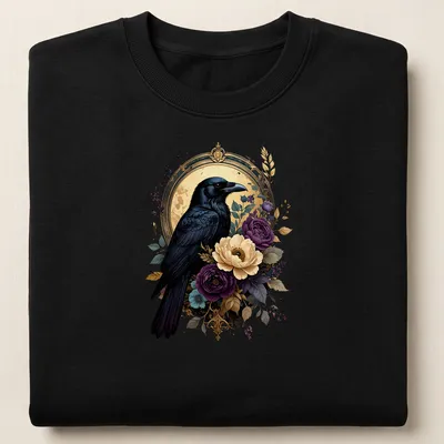 Gothic floral design featuring a black raven with colorful elements — printed on a unisex sweatshirt
