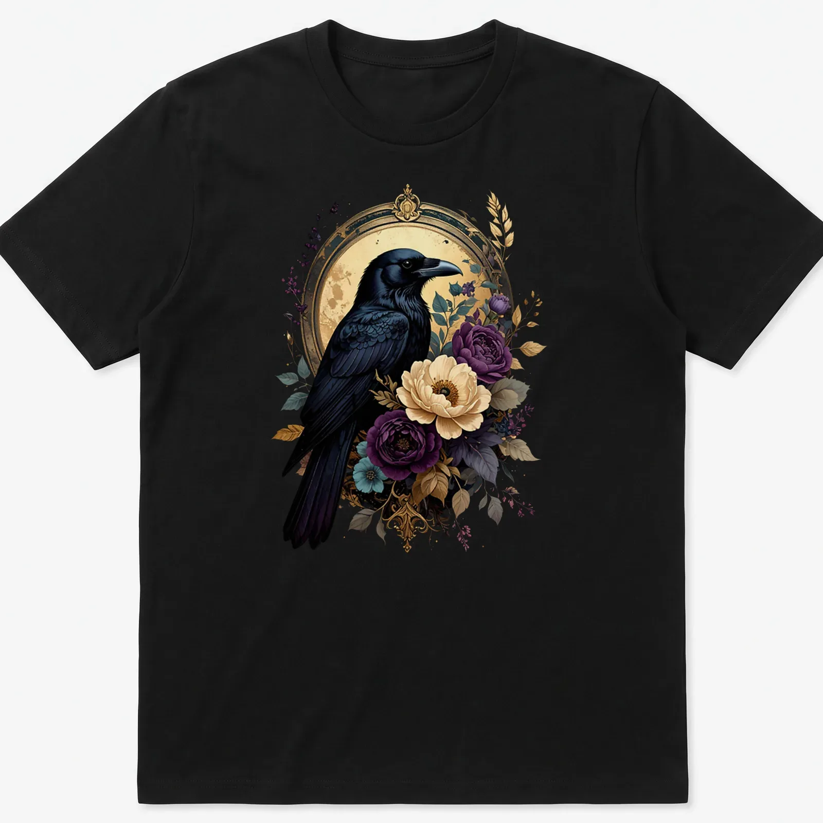 Gothic floral design featuring a black raven with colorful elements — printed on a unisex t-shirt