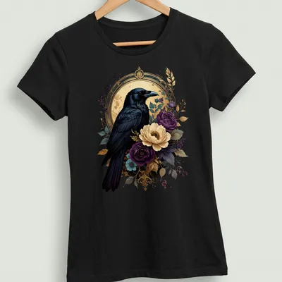 Gothic floral design featuring a black raven with colorful elements — printed on a women's shirt