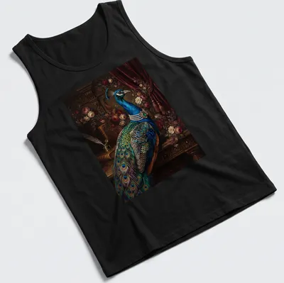 Realistic blue peacock illustration with emerald pearl necklace, vibrant colors — printed on a tank top