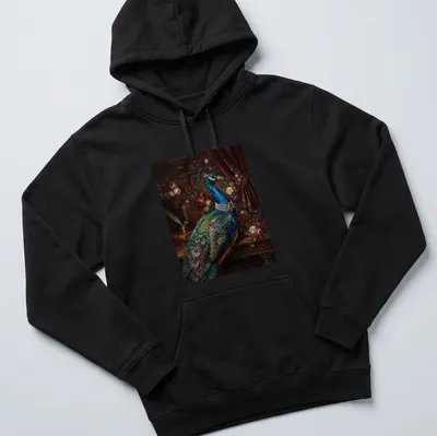 Realistic blue peacock illustration with emerald pearl necklace, vibrant colors — printed on a unisex hoodie