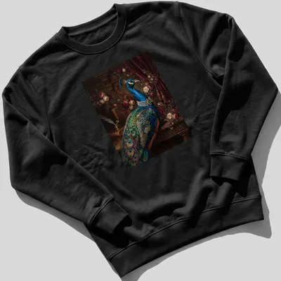 Realistic blue peacock illustration with emerald pearl necklace, vibrant colors — printed on a unisex sweatshirt