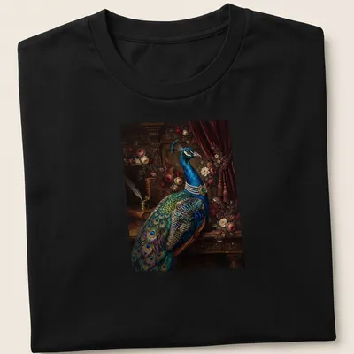 Realistic blue peacock illustration with emerald pearl necklace, vibrant colors
