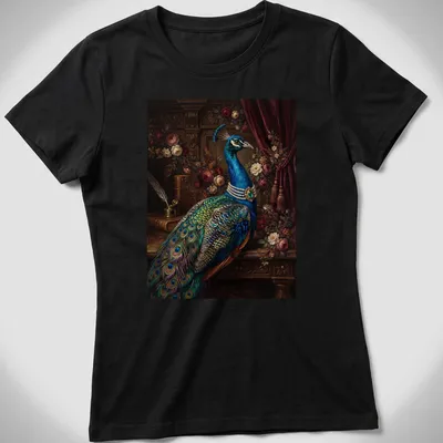 Realistic blue peacock illustration with emerald pearl necklace, vibrant colors — printed on a women's shirt