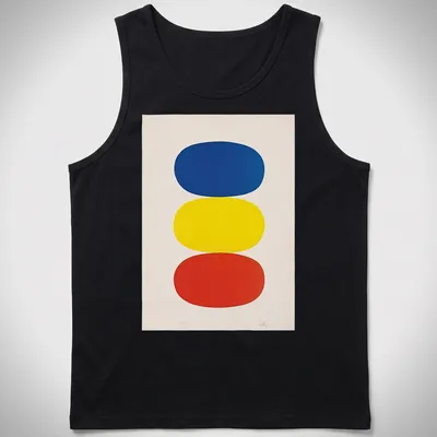 Minimalist color block design in blue, yellow, and red — printed on a tank top