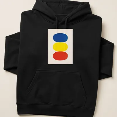 Minimalist color block design in blue, yellow, and red — printed on a unisex hoodie