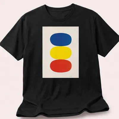 Minimalist color block design in blue, yellow, and red