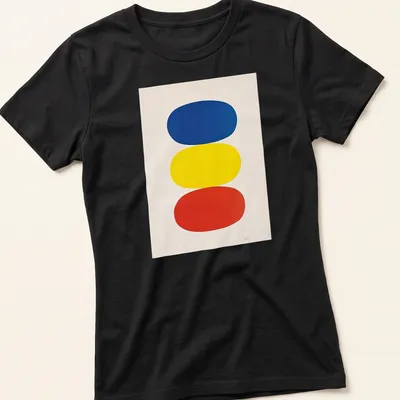 Minimalist color block design in blue, yellow, and red — printed on a women's shirt