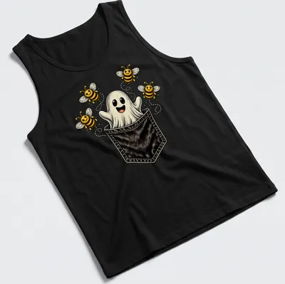 Vintage cartoon ghost with bees in a playful Halloween design. — printed on a tank top