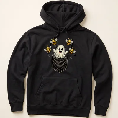 Vintage cartoon ghost with bees in a playful Halloween design. — printed on a unisex hoodie