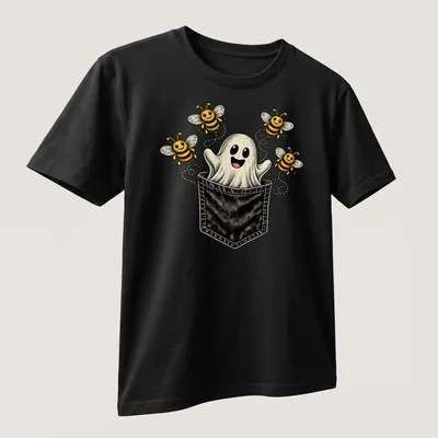 Vintage cartoon ghost with bees in a playful Halloween design. — printed on a unisex t-shirt (angled view)