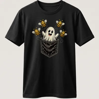 Vintage cartoon ghost with bees in a playful Halloween design.