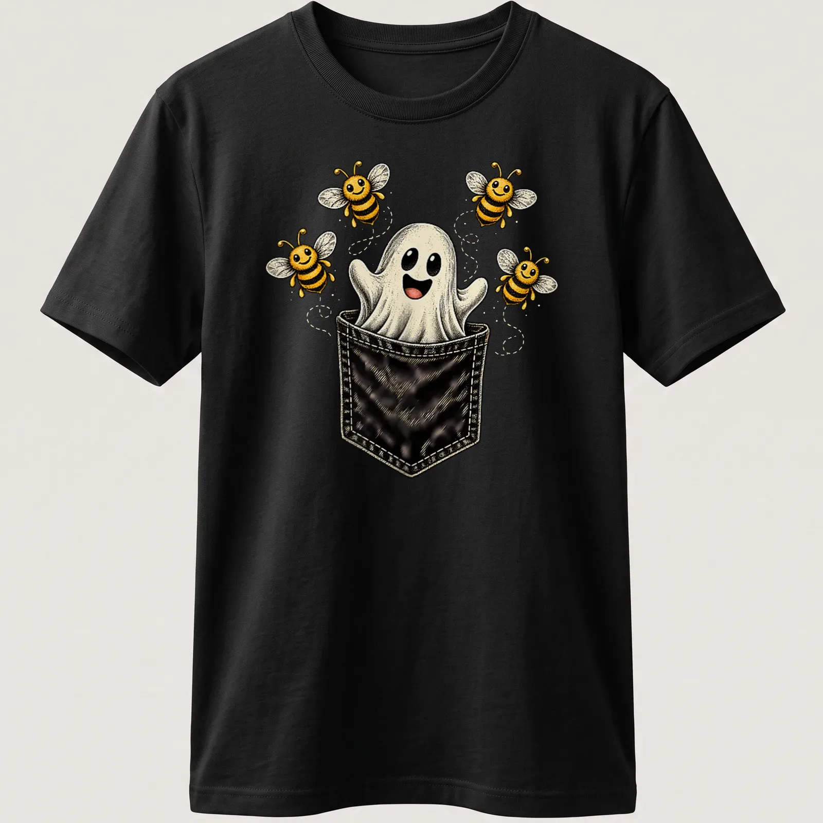 Vintage cartoon ghost with bees in a playful Halloween design. — printed on a unisex t-shirt