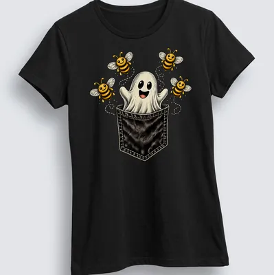 Vintage cartoon ghost with bees in a playful Halloween design. — printed on a women's shirt
