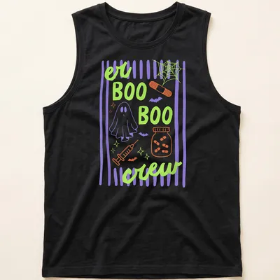 Playful cartoon design of a ghost, medical elements, and bats with 'er BOO BOO crew' text — printed on a tank top