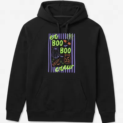 Playful cartoon design of a ghost, medical elements, and bats with 'er BOO BOO crew' text — printed on a unisex hoodie