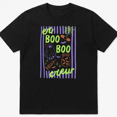 Playful cartoon design of a ghost, medical elements, and bats with 'er BOO BOO crew' text