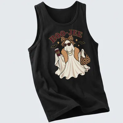 Kawaii ghost with leopard accessories and BOO-JEE text in white and gold — printed on a tank top