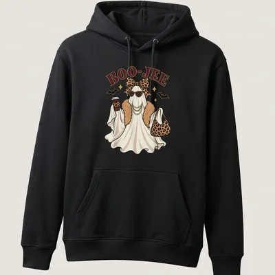 Kawaii ghost with leopard accessories and BOO-JEE text in white and gold — printed on a unisex hoodie
