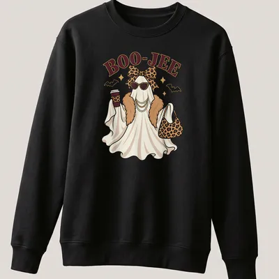 Kawaii ghost with leopard accessories and BOO-JEE text in white and gold — printed on a unisex sweatshirt