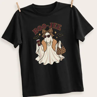 Kawaii ghost with leopard accessories and BOO-JEE text in white and gold